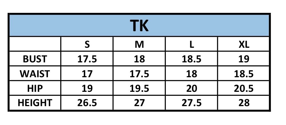 A size chart table for TK, showing measurements for S, M, L, and XL sizes including bust, waist, hip, and height in centimeters and inches.