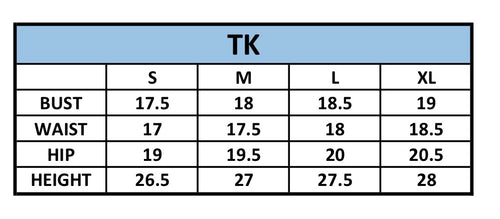 A size chart table for TK, showing measurements for S, M, L, and XL sizes including bust, waist, hip, and height in centimeters and inches.