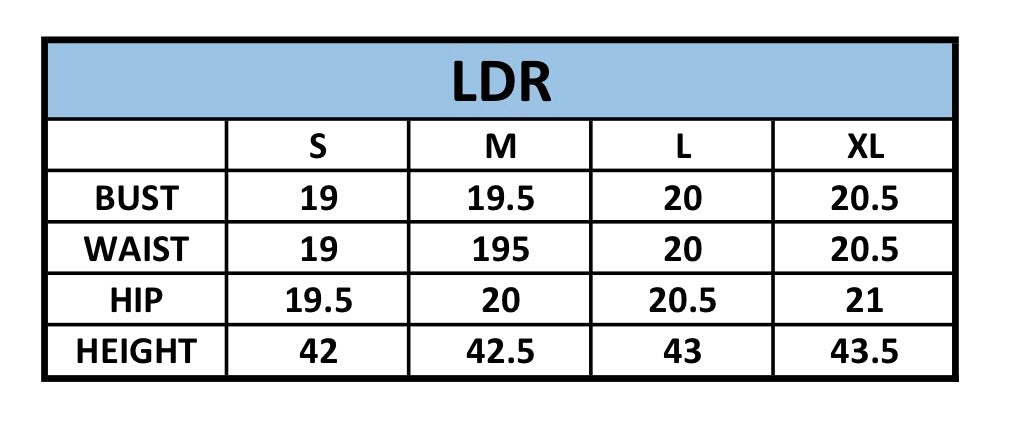 A size chart table labeled LDR, showing measurements for Bust, Waist, Hip, and Height for sizes S, M, L, and XL.