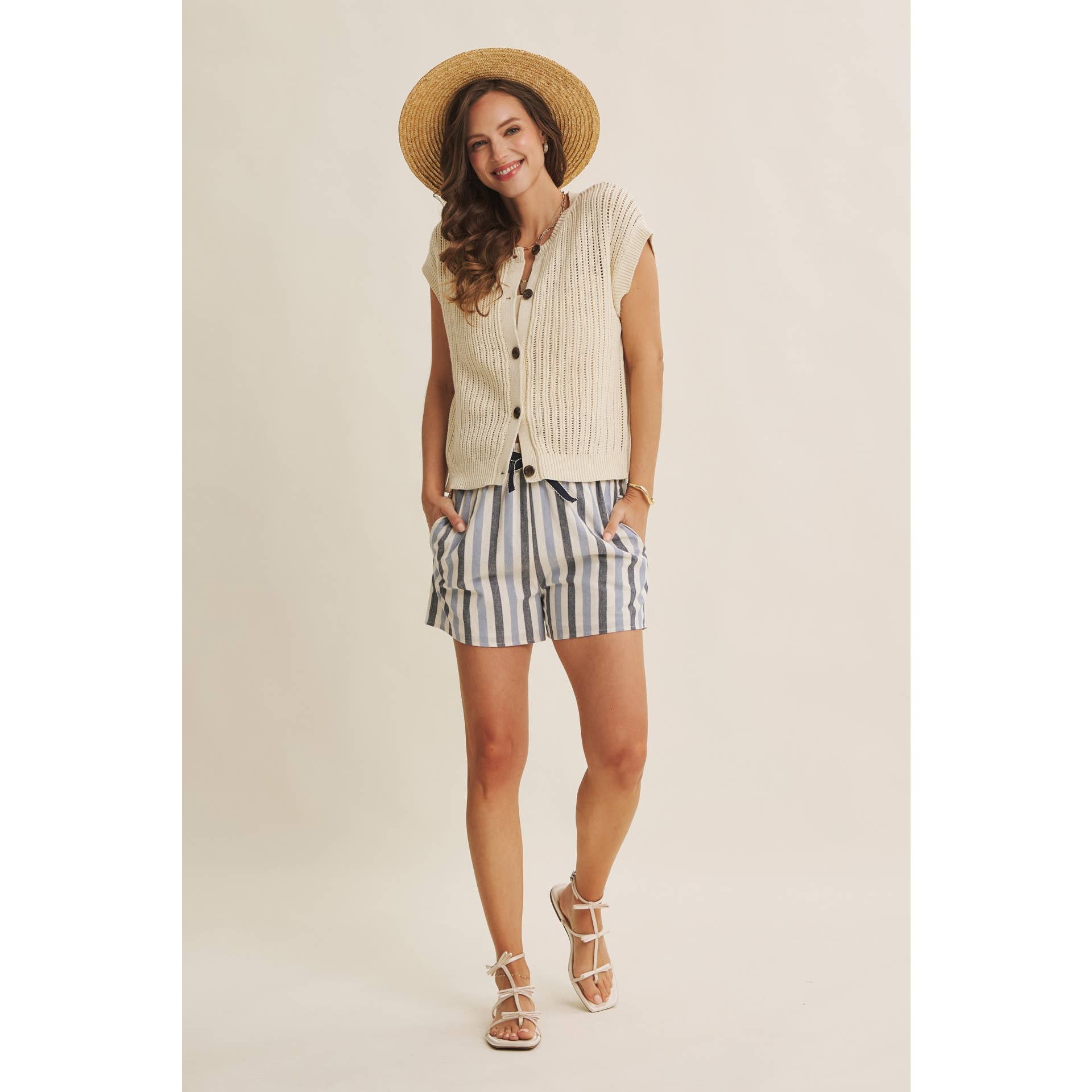 BREEZY NATURAL COTTON OPEN KNIT BUTTON-DOWN SWEATER VEST