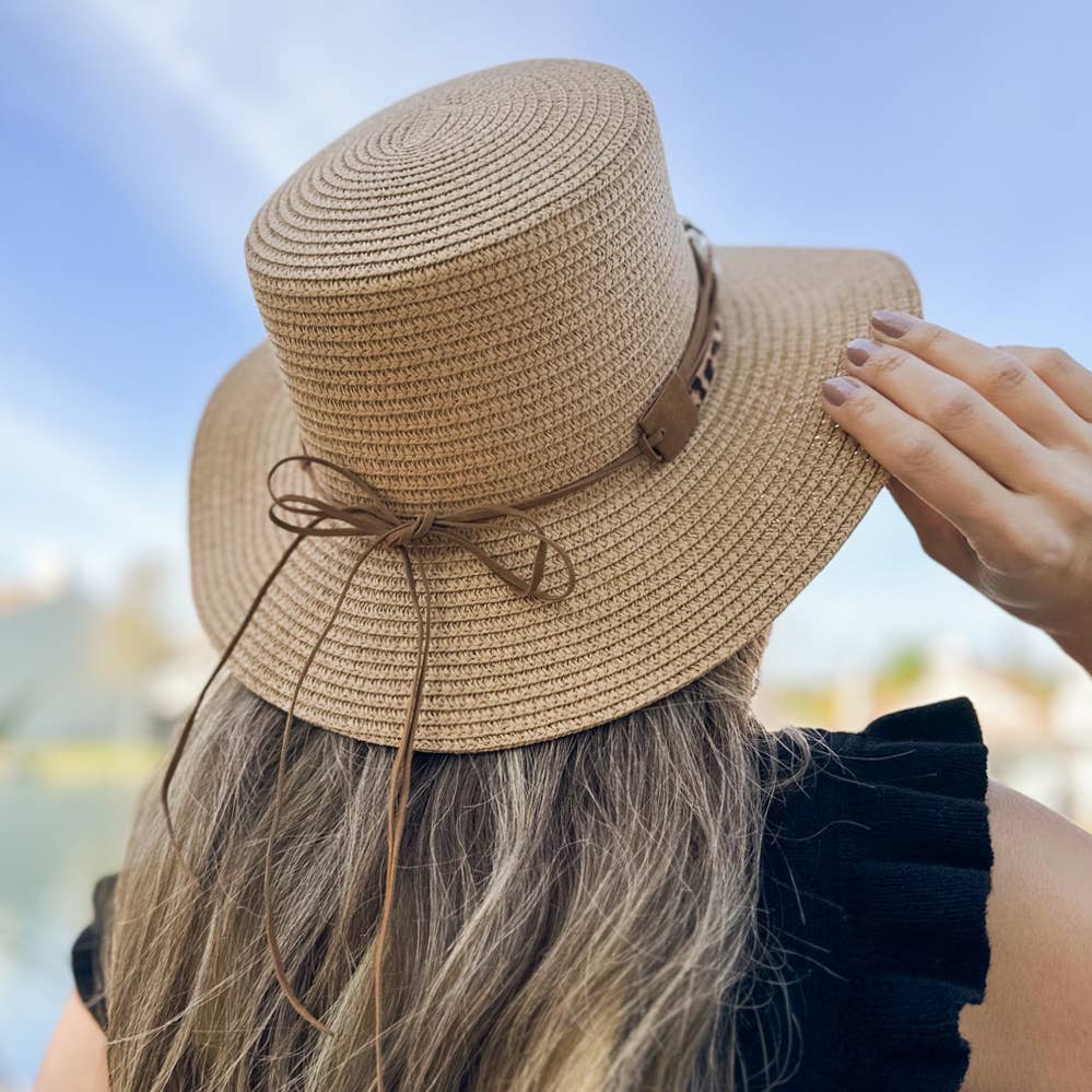 Tan Summer Straw Chic Boater Hat with Leopard Beaded Band