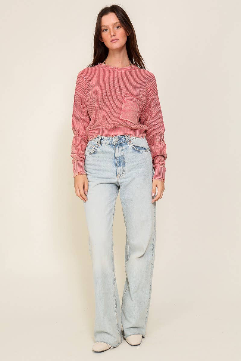 Cropped Mineral Wash Distressed Sweater