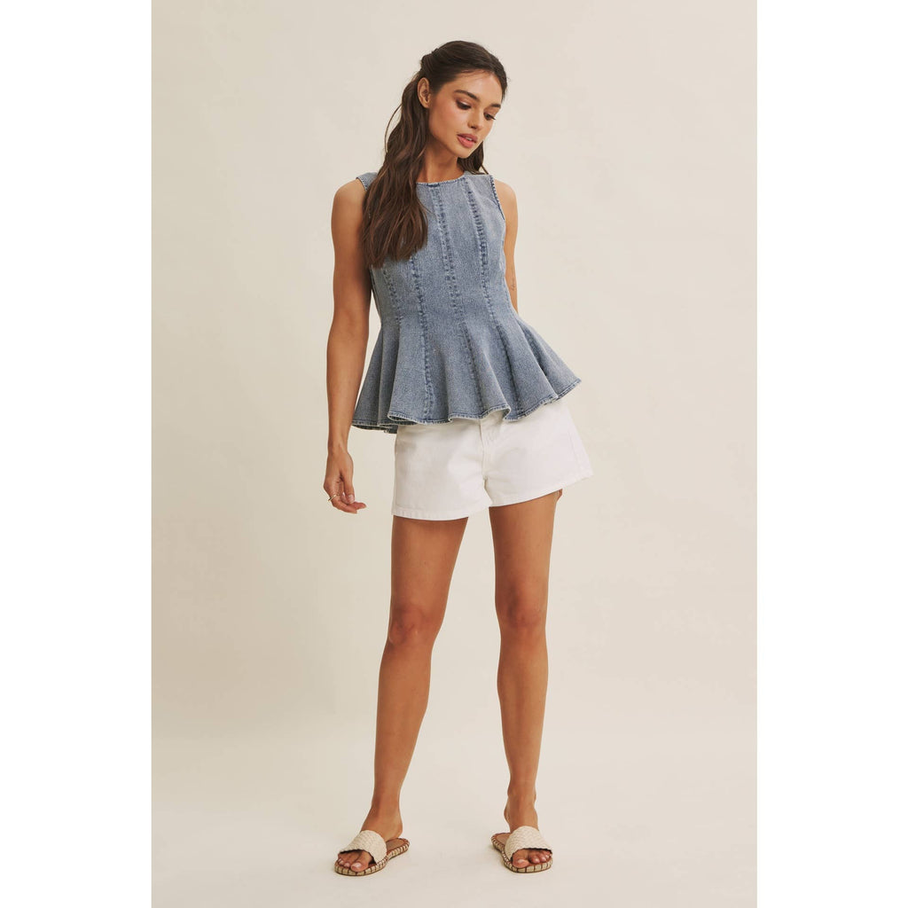 SUNLIT COAST MINERAL-WASHED STRETCH DENIM PEPLUM TOP