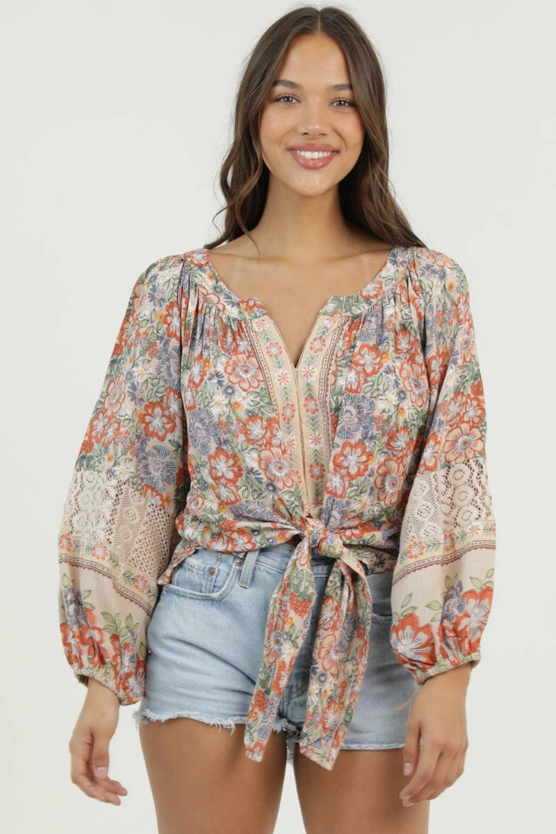 V NECK LACE SLEEVE DETAIL PRINTED TIE FRONT TOP