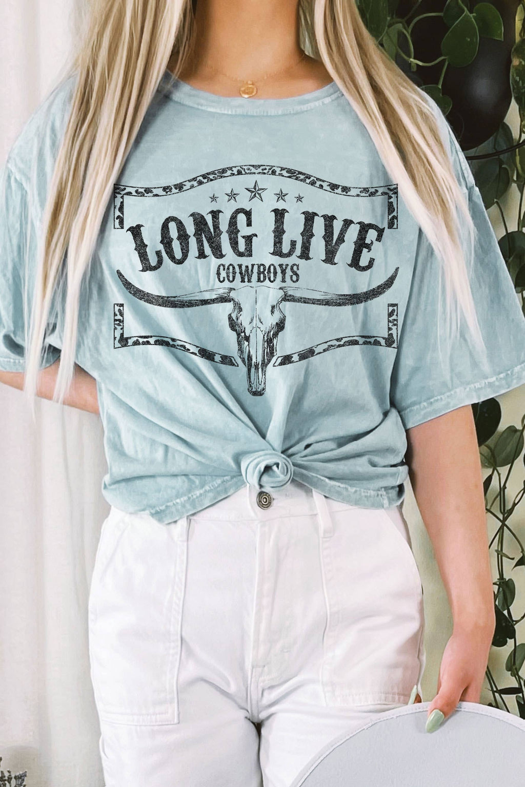 LONG LIVE COWBOY COW SKULL MINERAL GRAPHIC LONG CROP TOP