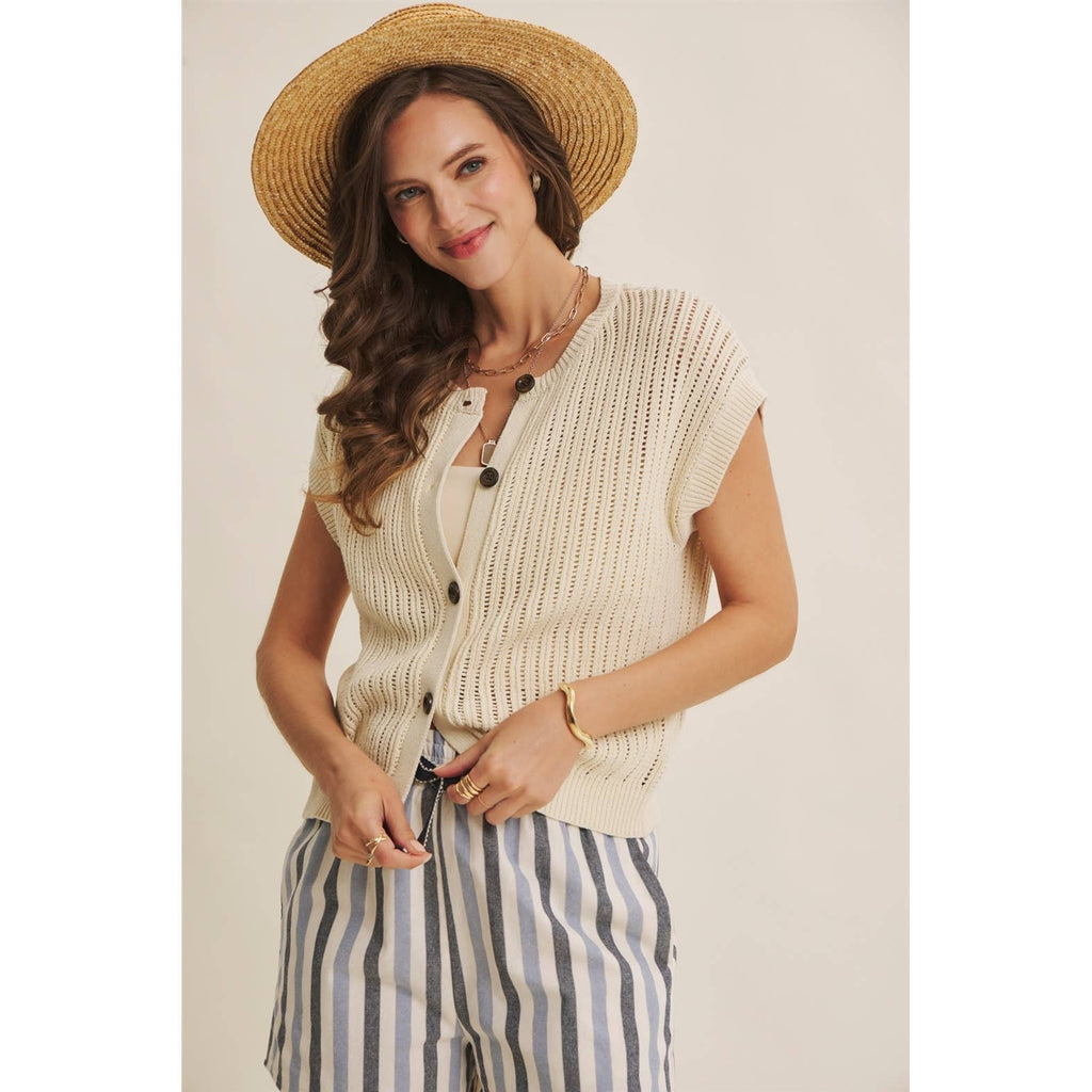 BREEZY NATURAL COTTON OPEN KNIT BUTTON-DOWN SWEATER VEST