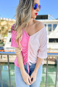 Pink Cinched Front Shirred Color Block Short Sleeve Knit Top