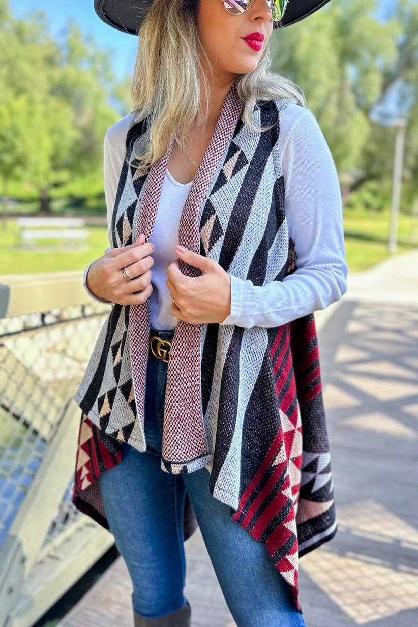 Western Aztec Printed Open Front Knitted Cowl Vest