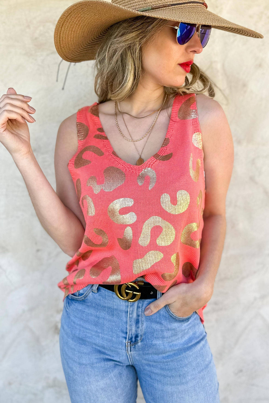 Coral Gold Leopard Printed Sleeveless V Neck Knitted Top