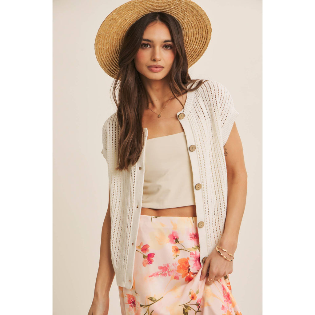 BREEZY NATURAL COTTON OPEN KNIT BUTTON-DOWN SWEATER VEST