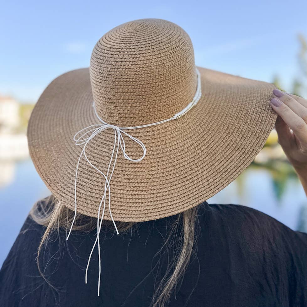 Tan Summer Straw Floppy Beach Hat with Pearl Trim