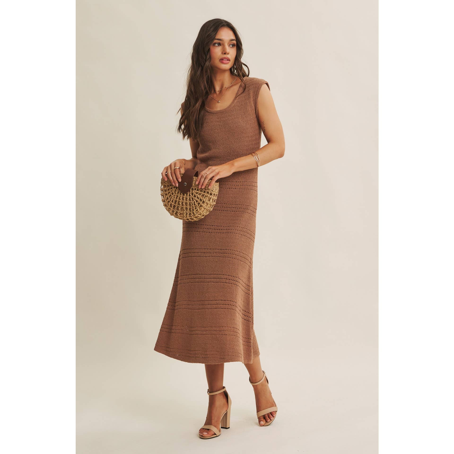 MINIMAL MUSE DROP SHOULDER FITTED TEXTURED KNIT MIDI DRESS