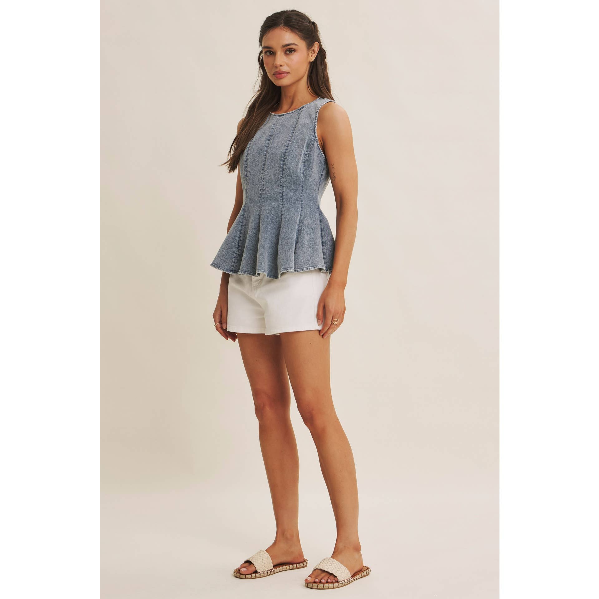 SUNLIT COAST MINERAL-WASHED STRETCH DENIM PEPLUM TOP