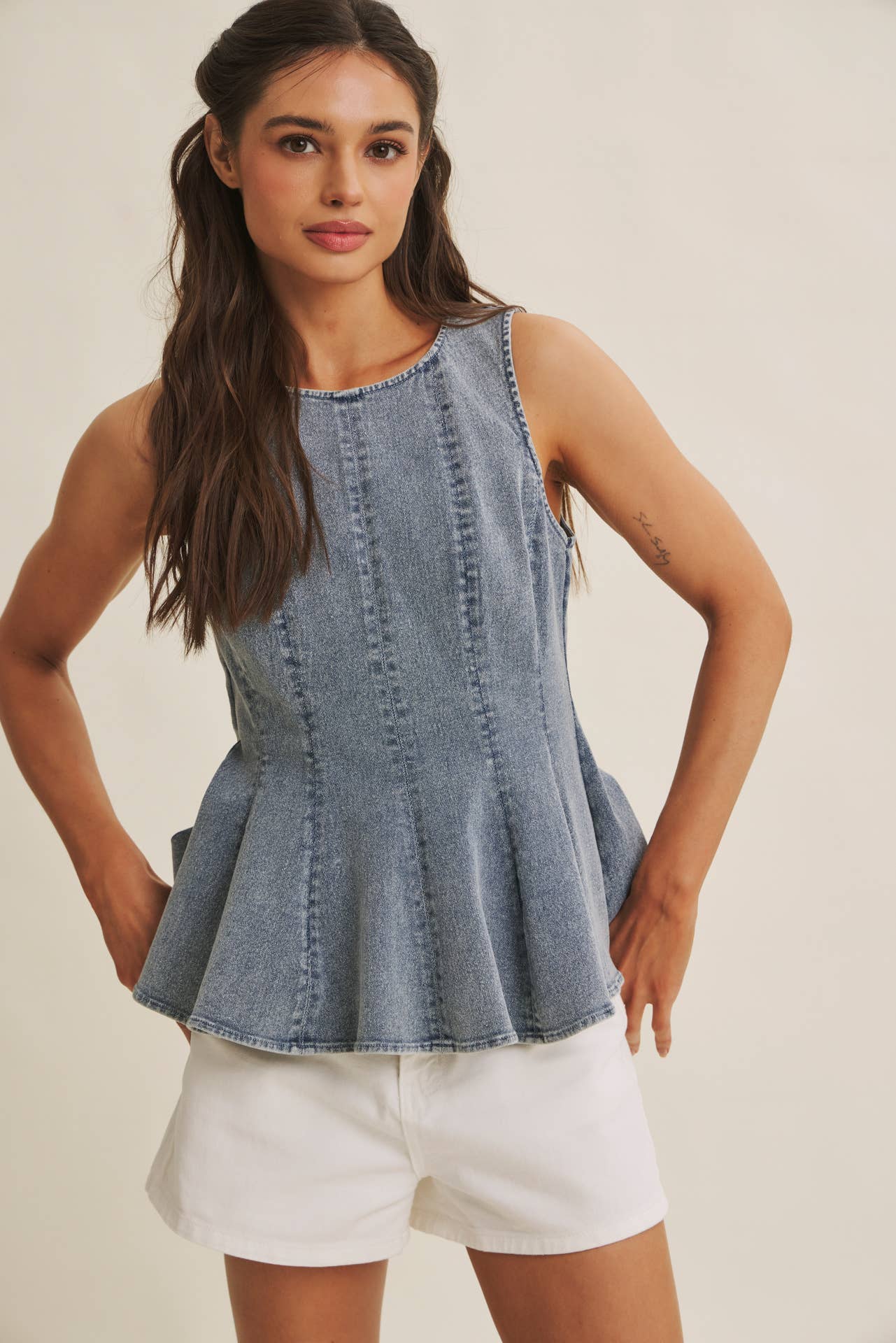 SUNLIT COAST MINERAL-WASHED STRETCH DENIM PEPLUM TOP