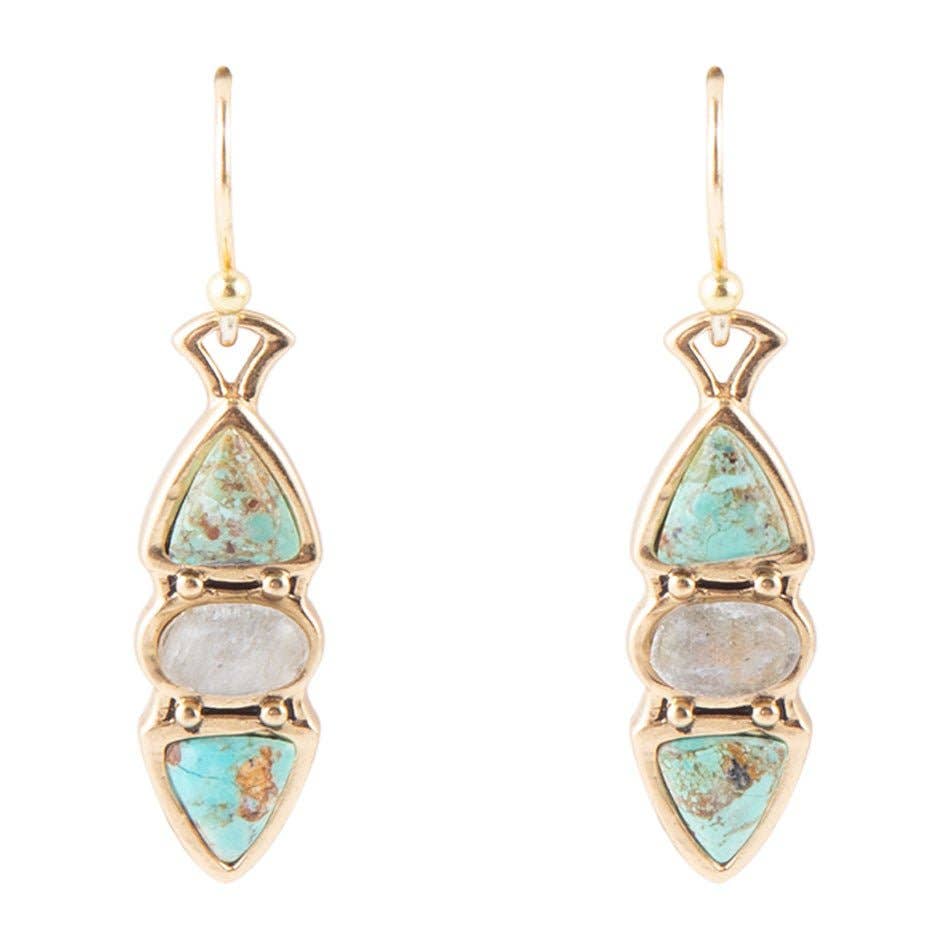 Blue Turquoise and Grey Labradorite Golden Drop Earrings