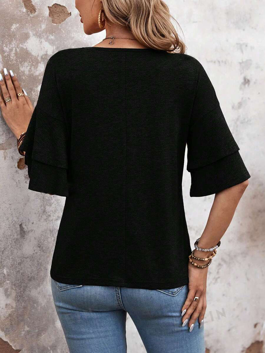 Ruffle Sleeve V Neck Loose Fit Women Summer Top
