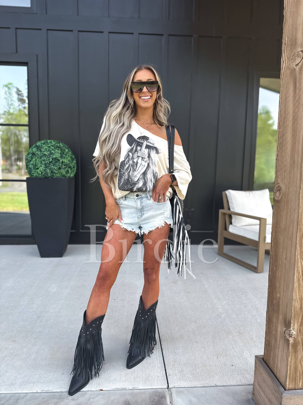 Western Cowgirl OFF SHOULDER Graphic Tee on Ivory