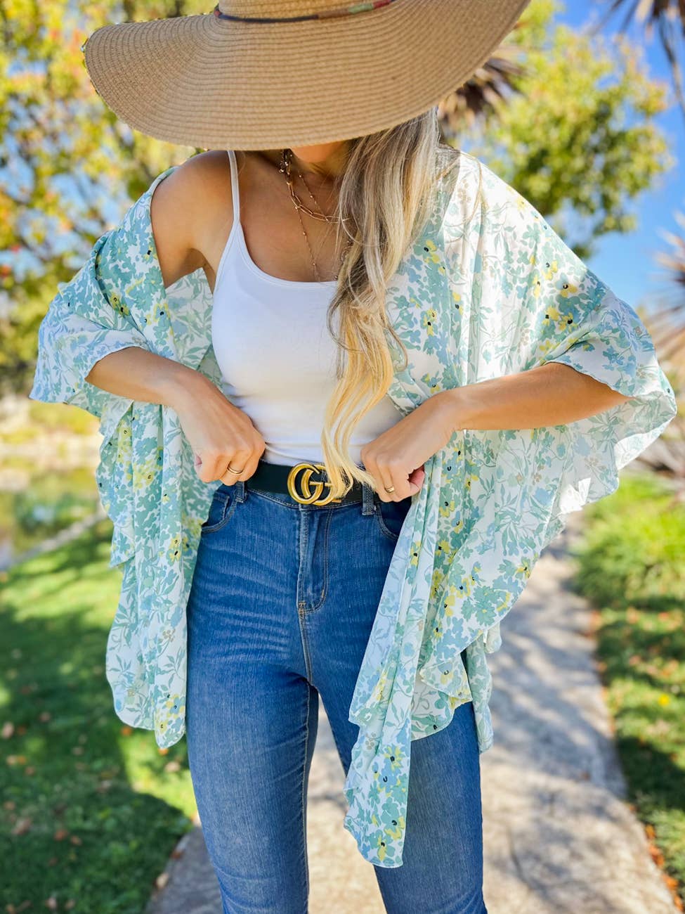 Sage Floral Printed Ruffle Sleeve Kimono Cover Up