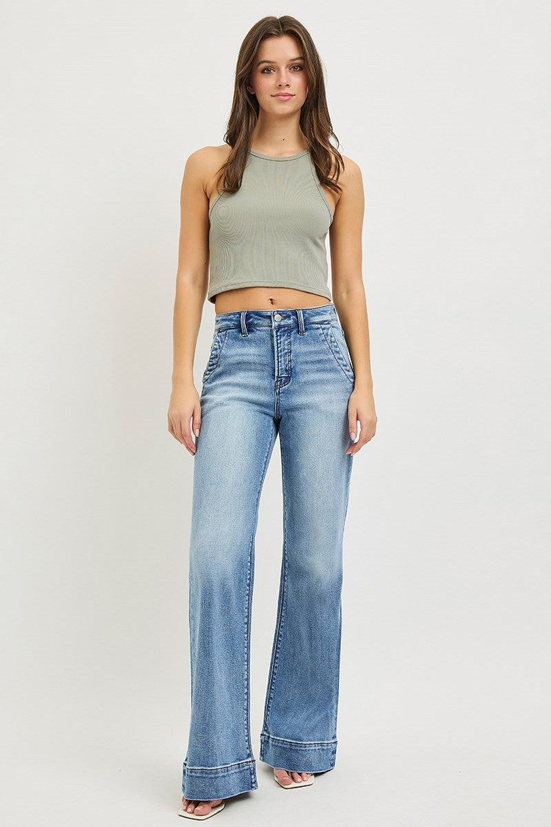 TUMMY CONTROL HI RISE WIDE LEG FLARE JEANS WITH WIDE HEM