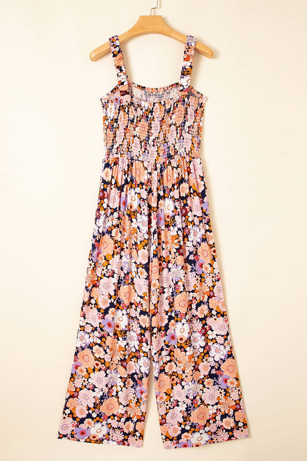 Spring Floral Print Smocked High Waist Square Neck Jumpsuit