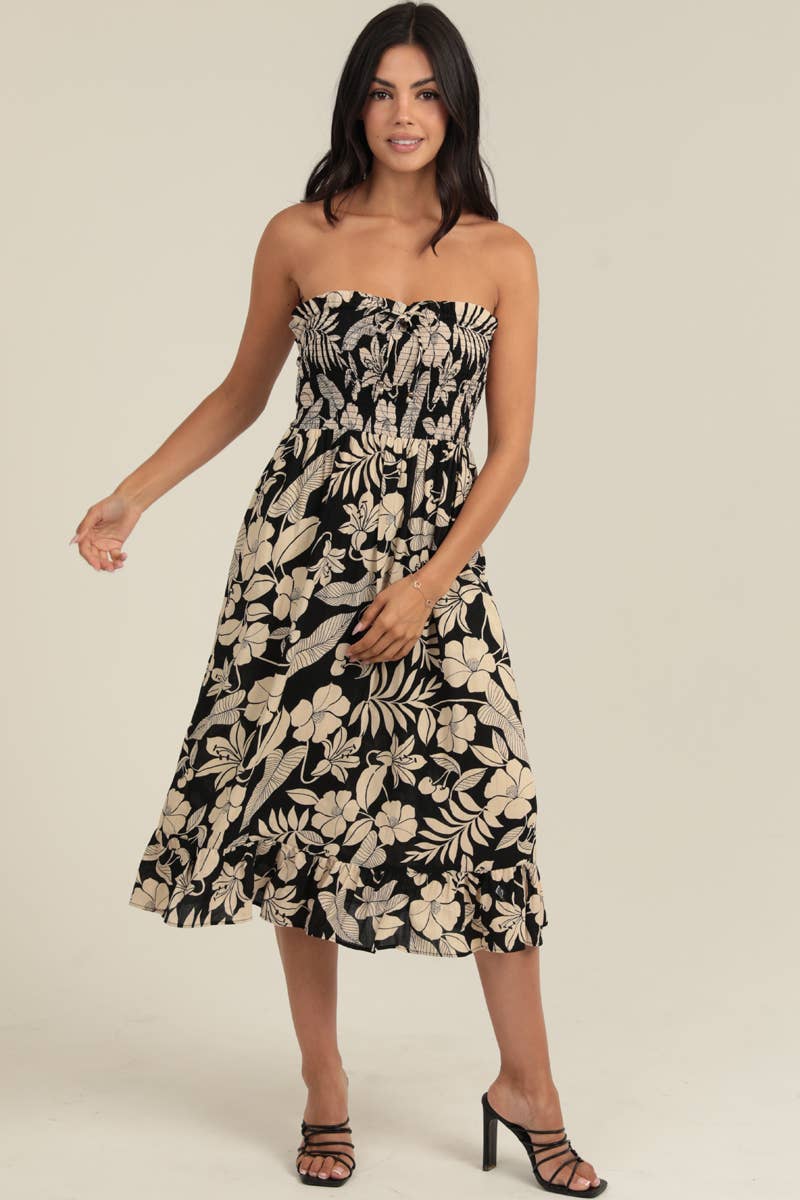 SMOCKED BODICE STRAPLESS MIDI DRESS W POCKETS