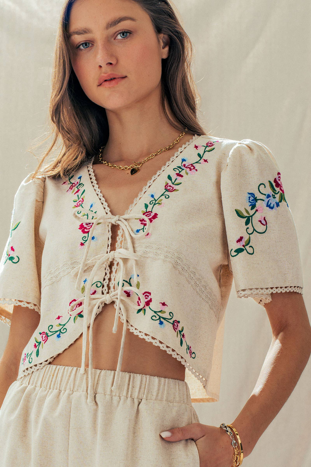 Embroidered Tie-Front Boho Crop Top