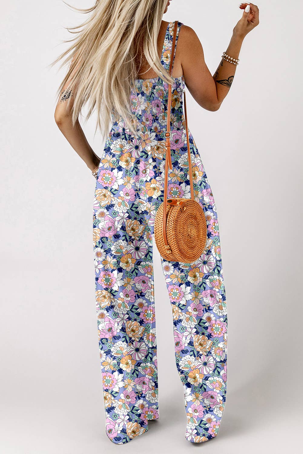 Spring Floral Print Smocked High Waist Square Neck Jumpsuit