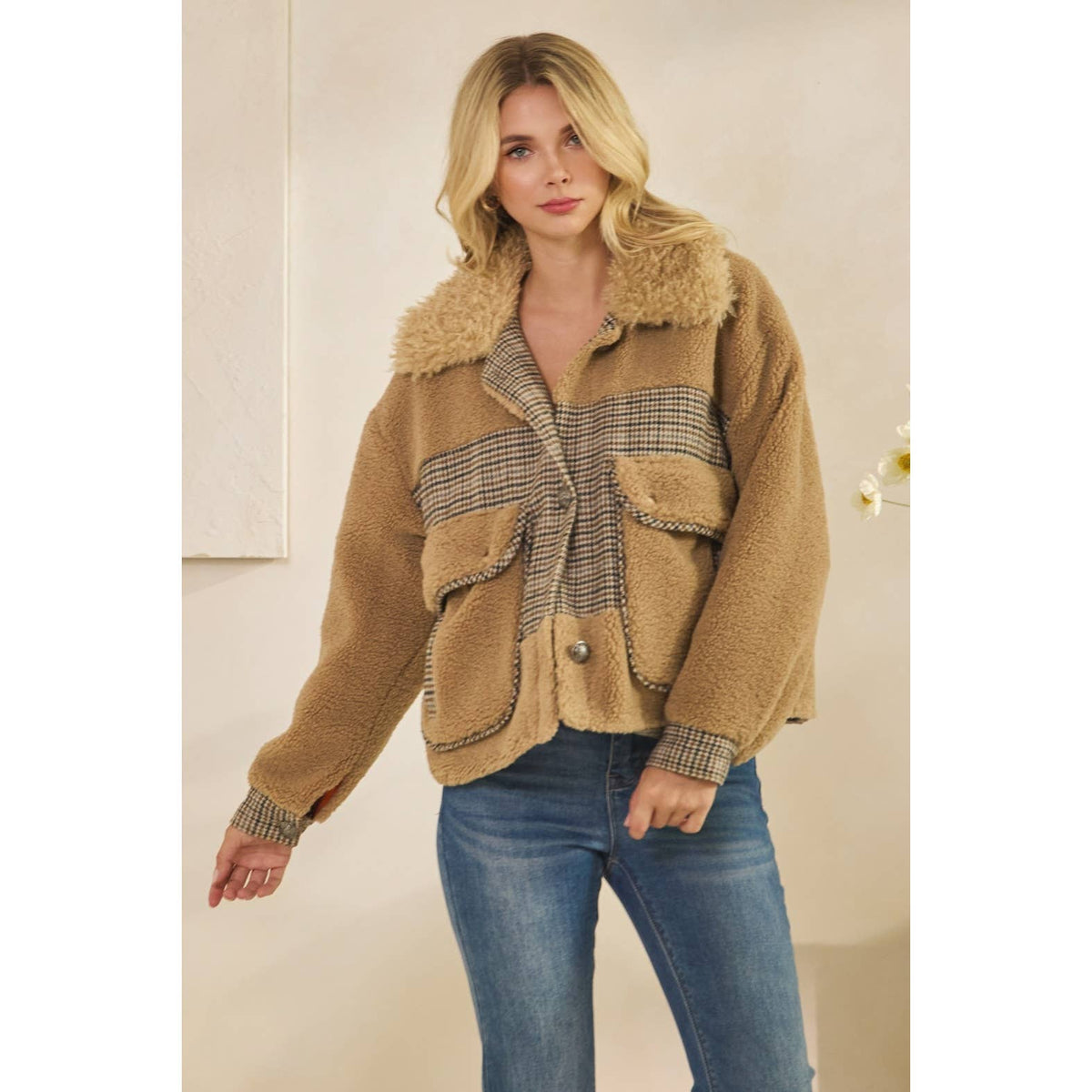 Teddy Jacket with Houndstooth inset