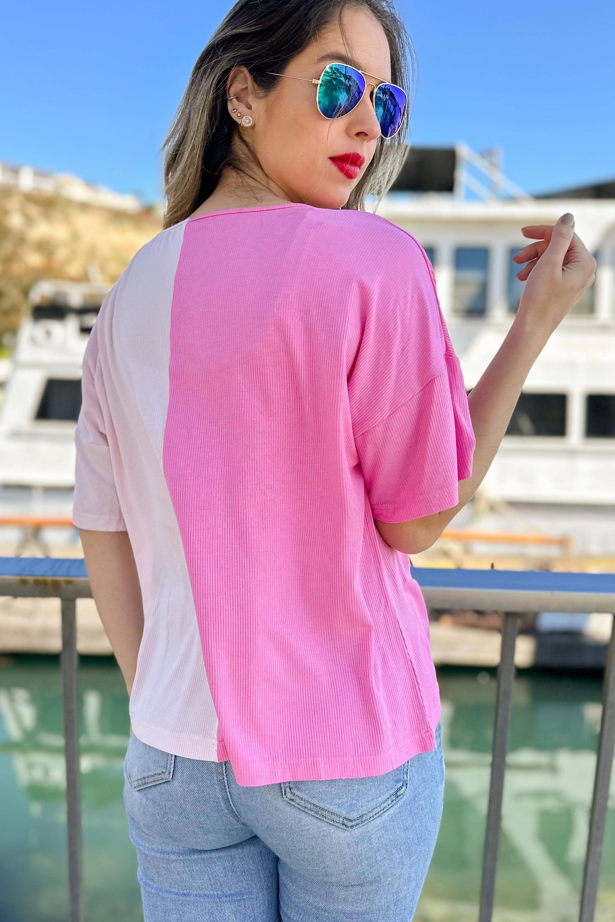 Pink Cinched Front Shirred Color Block Short Sleeve Knit Top