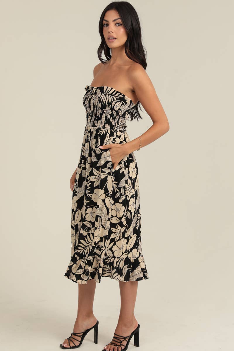 SMOCKED BODICE STRAPLESS MIDI DRESS W POCKETS