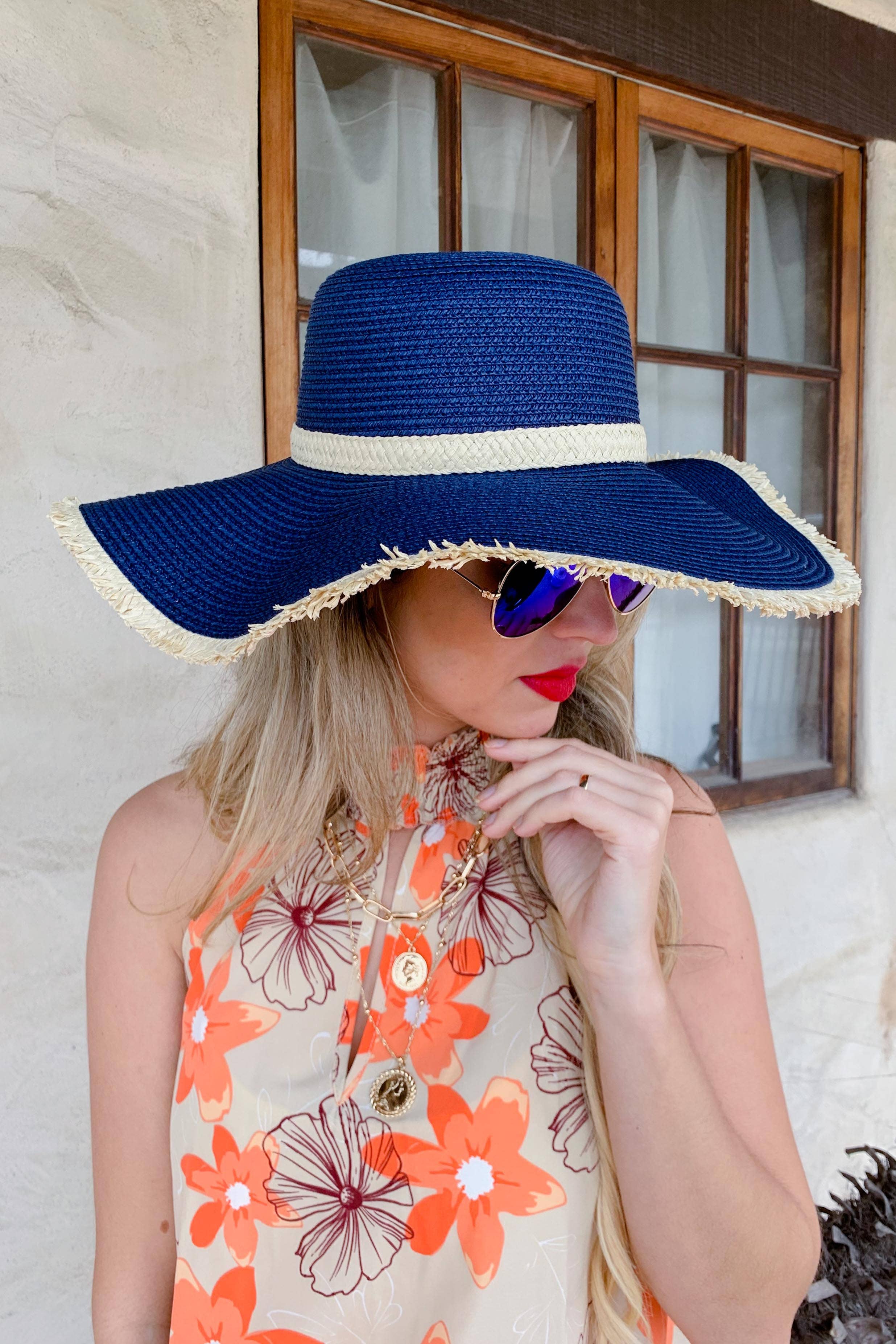 Navy Natural Straw Floppy Hat With Beige Straw Band