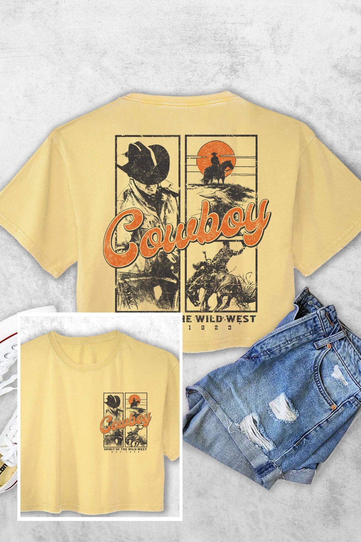 COWBOY WILD WEST F&B WOMEN'S VINTAGE GRAPHIC CROP TOP: MUSTARD