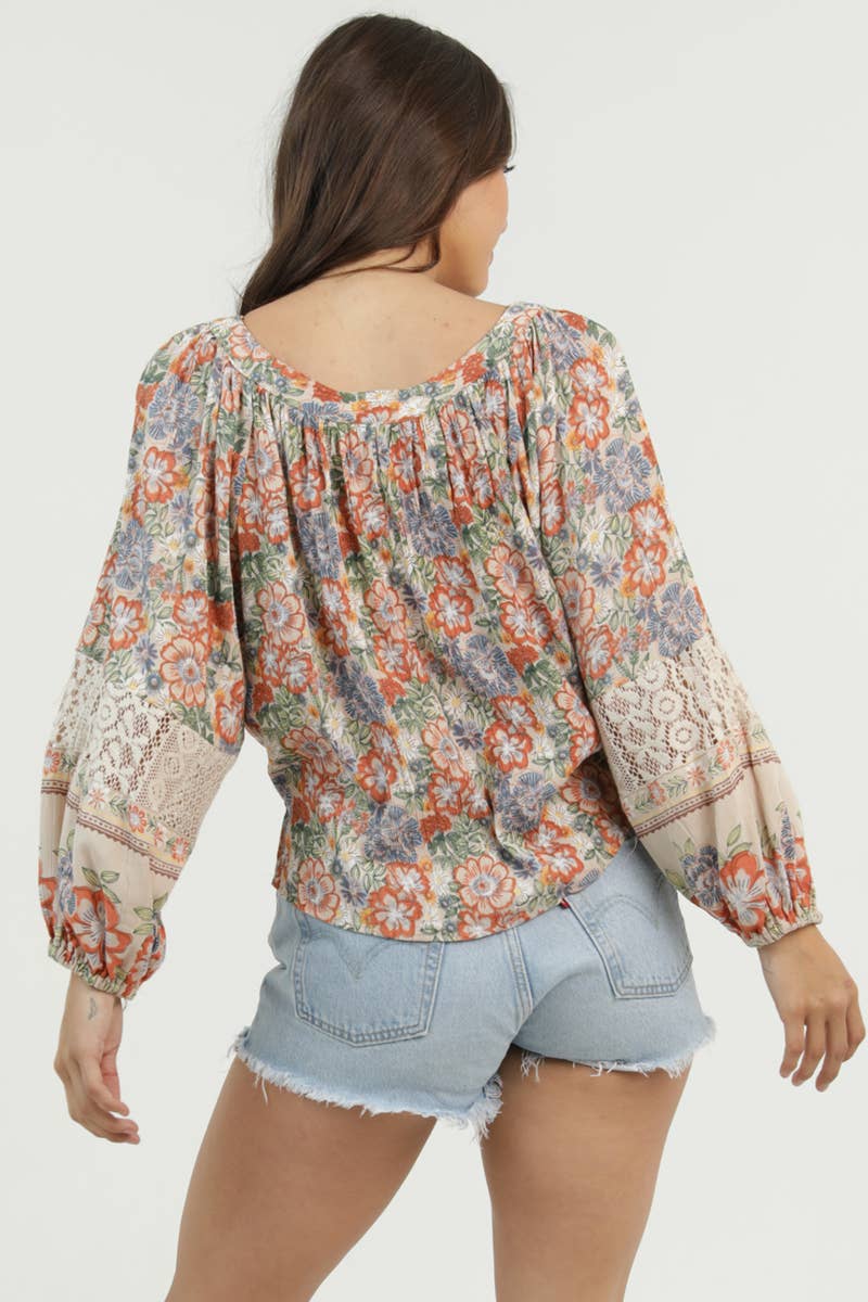 V NECK LACE SLEEVE DETAIL PRINTED TIE FRONT TOP