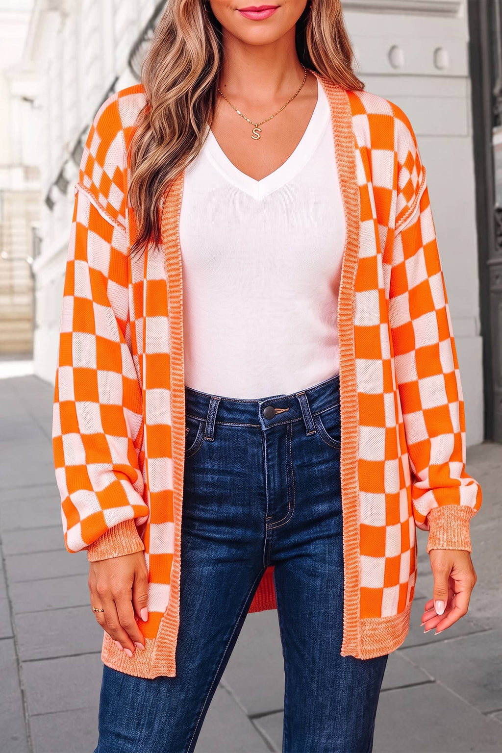 Checkered Open Front Drop Shoulder Cardigan | S-XL
