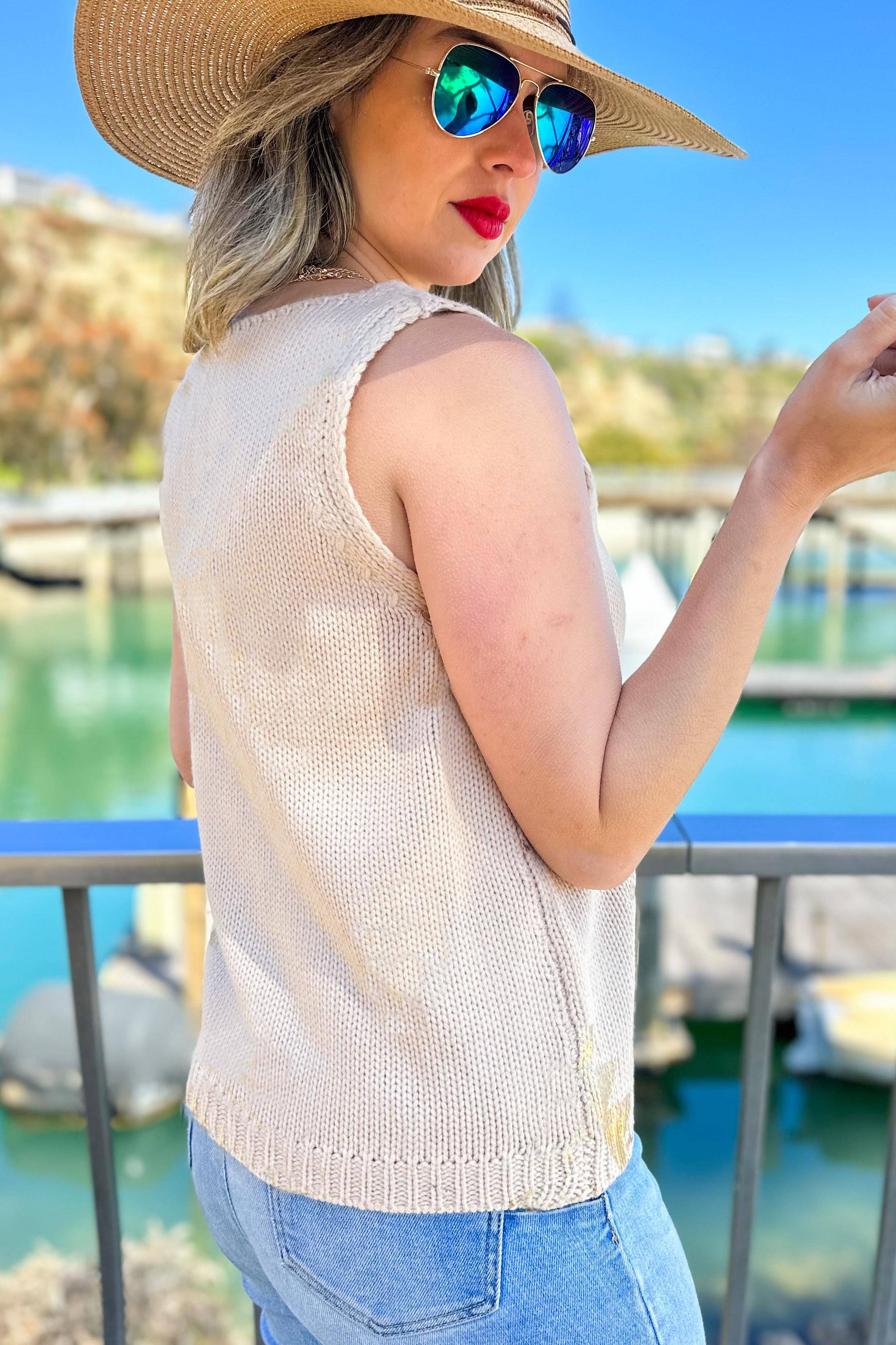 Lt.Taupe Gold Aztec Printed V neck Sleeveless Knitted Top