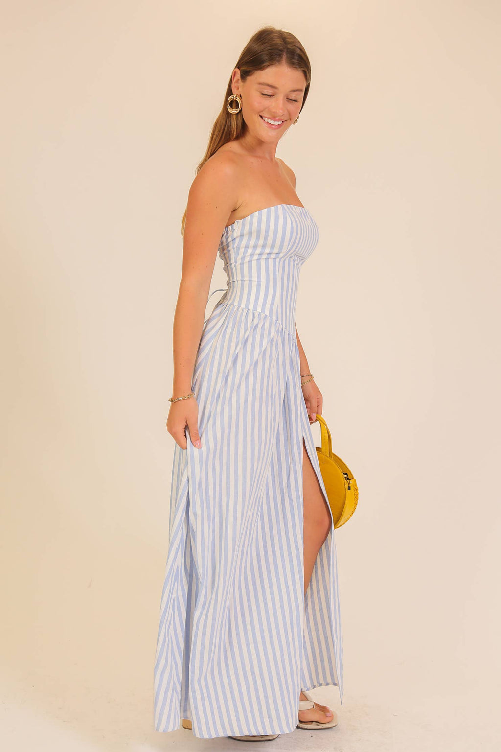 Striped Strapless Side Slit Maxi Dress