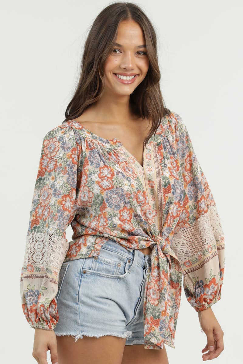 V NECK LACE SLEEVE DETAIL PRINTED TIE FRONT TOP