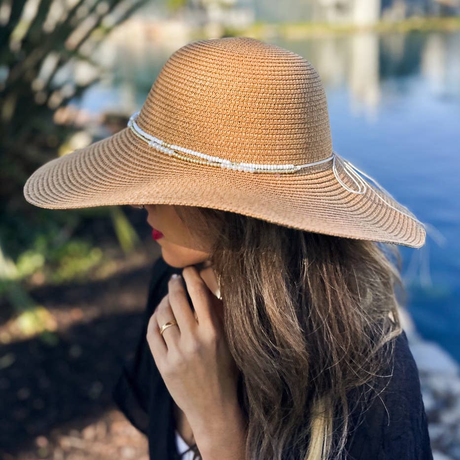 Tan Summer Straw Floppy Beach Hat with Pearl Trim