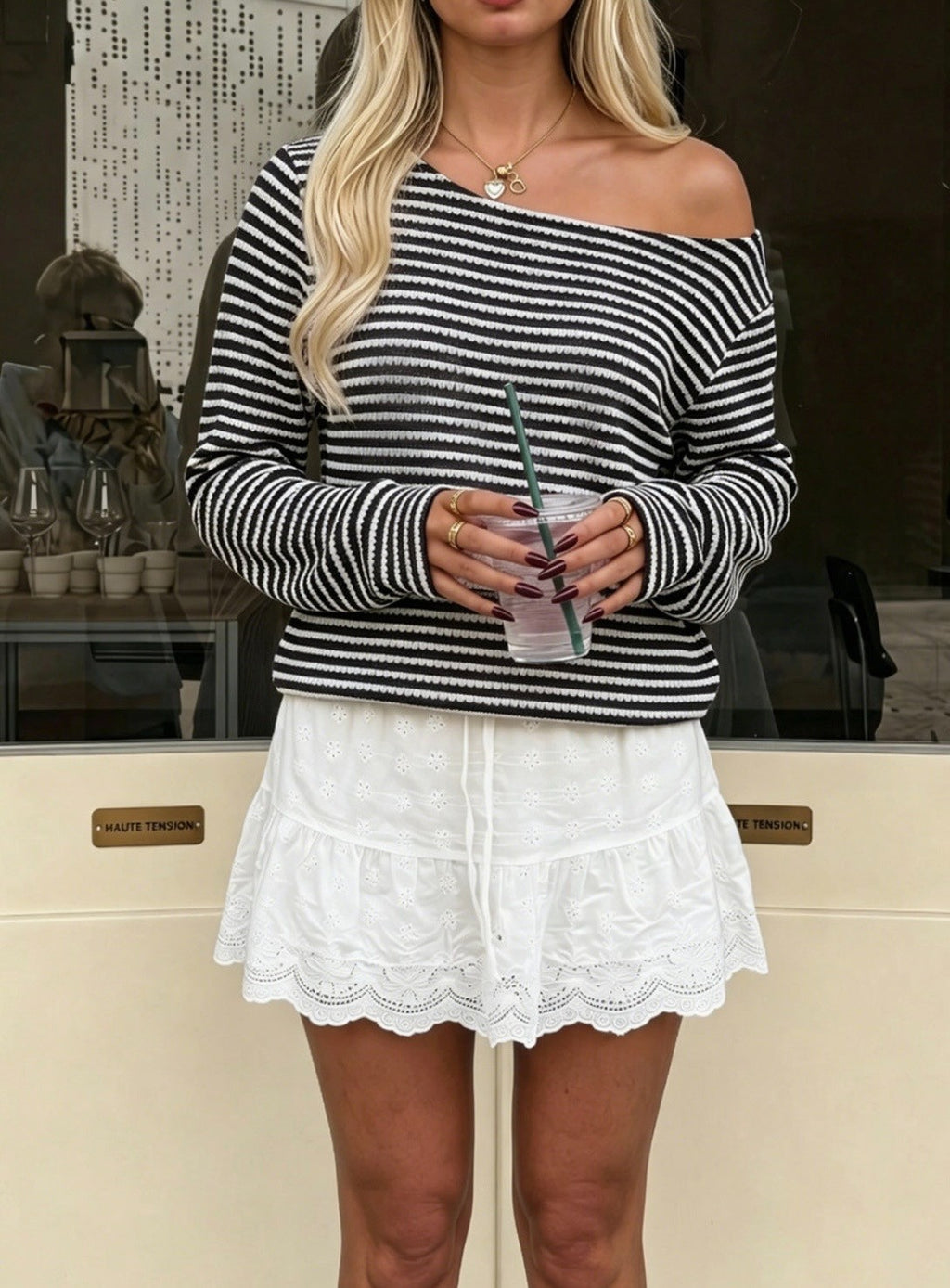 Women’s Off-Shoulder Striped Long Sleeve Casual Top