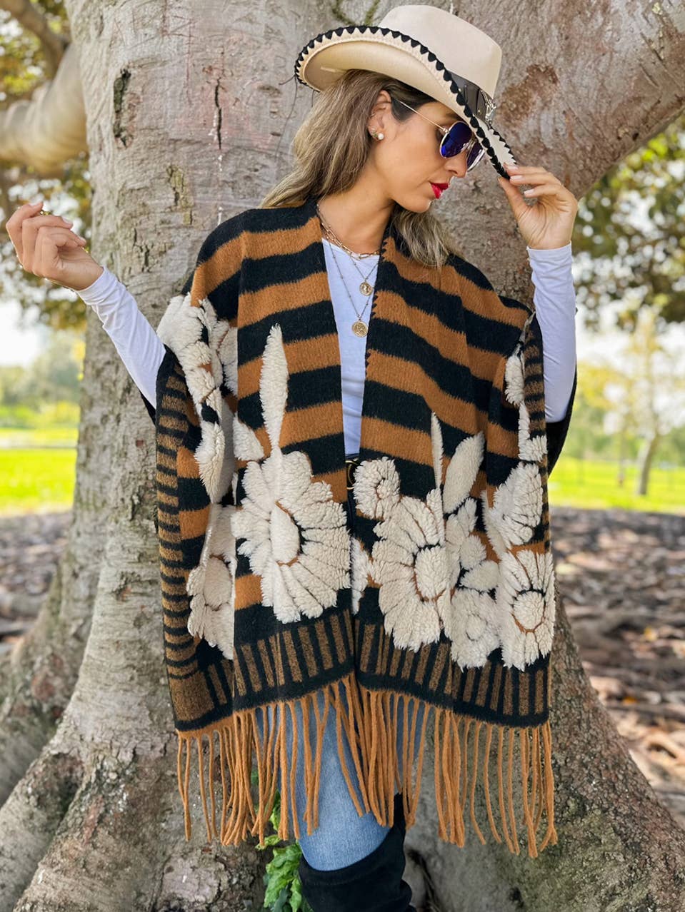 Brown Western Boho 3D Floral Stripe Fringe Ruana Cardigan