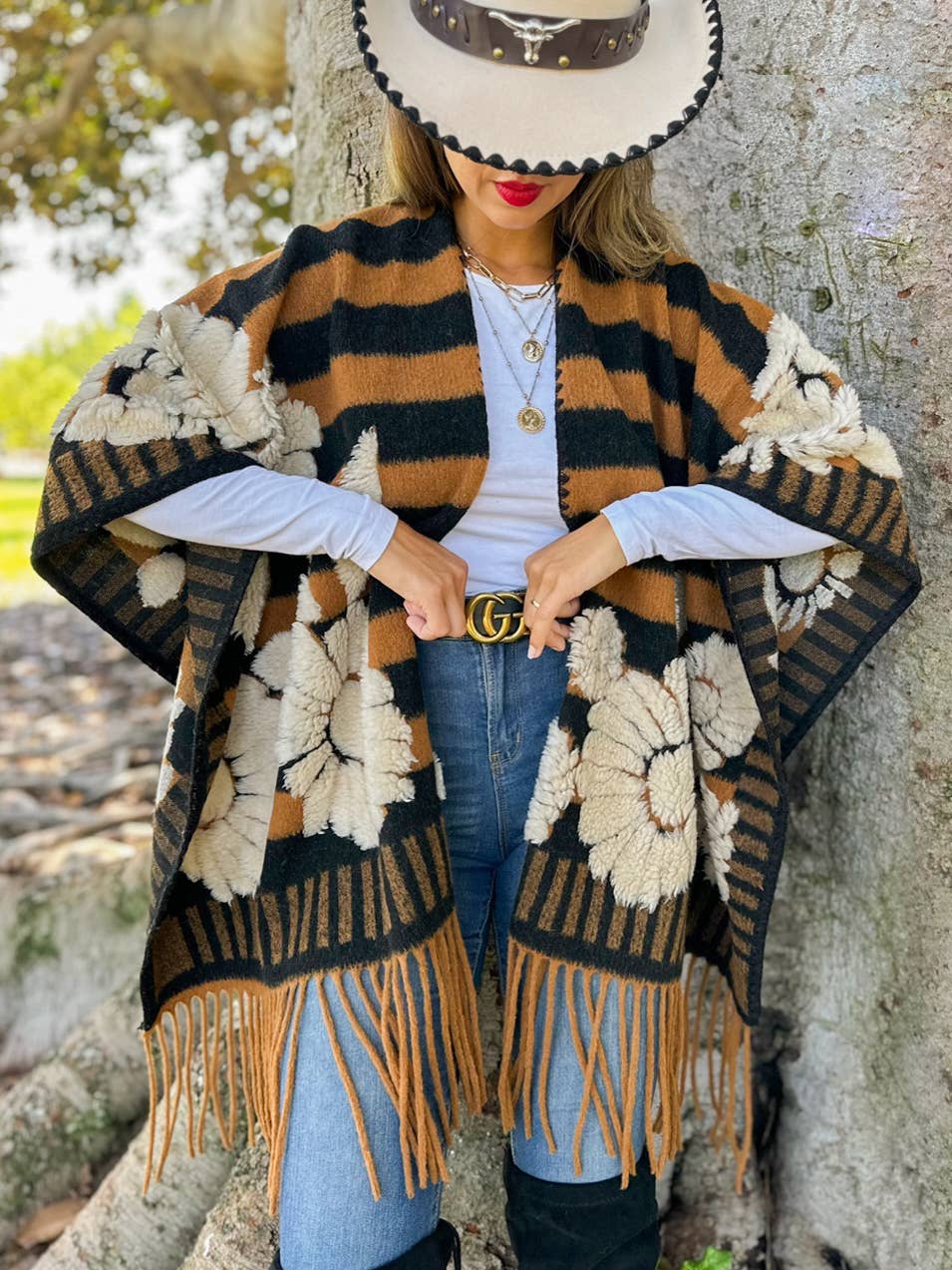 Brown Western Boho 3D Floral Stripe Fringe Ruana Cardigan