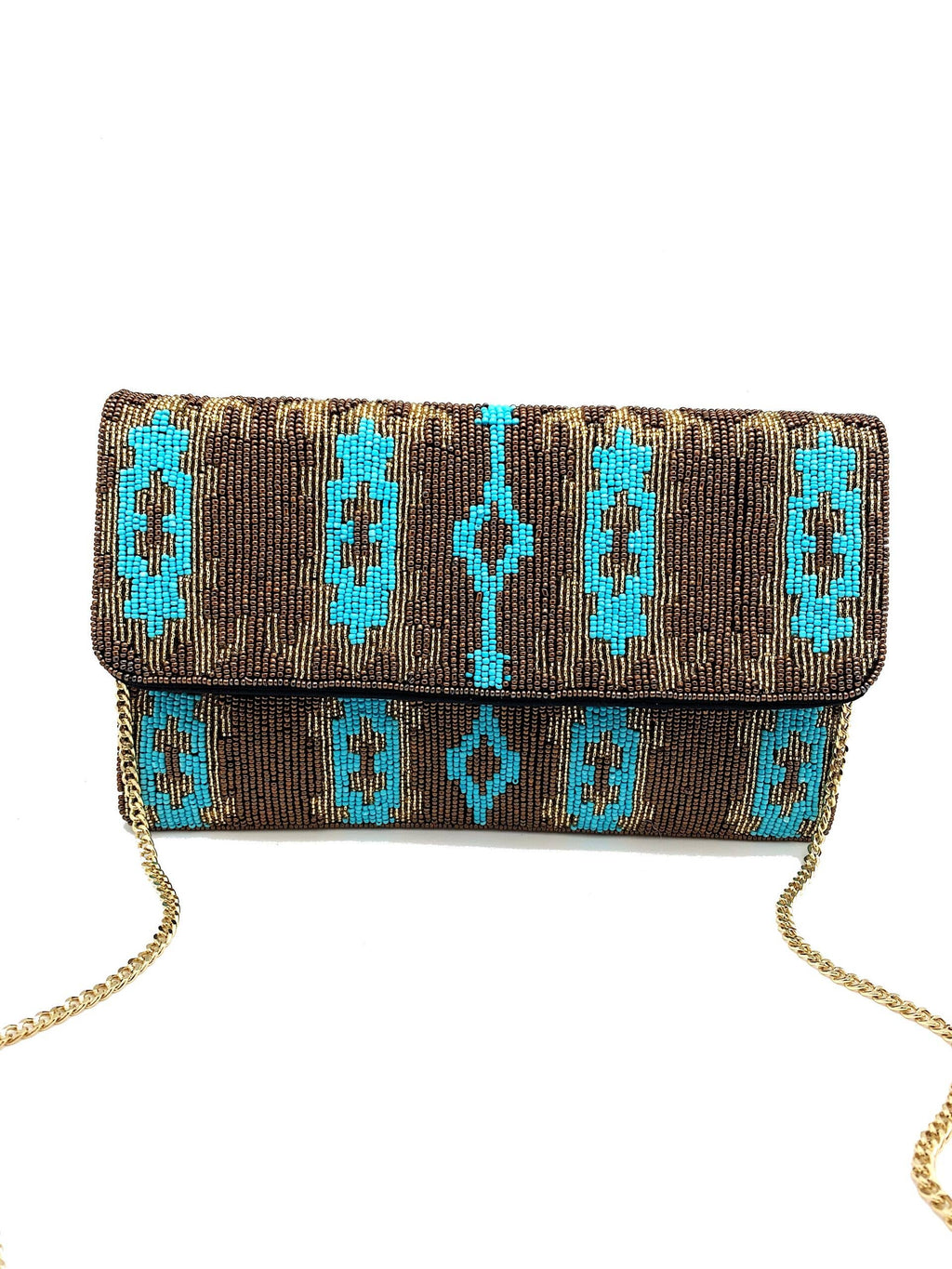 GOLD & TURQUOISE IKAT BEADED CLUTCH