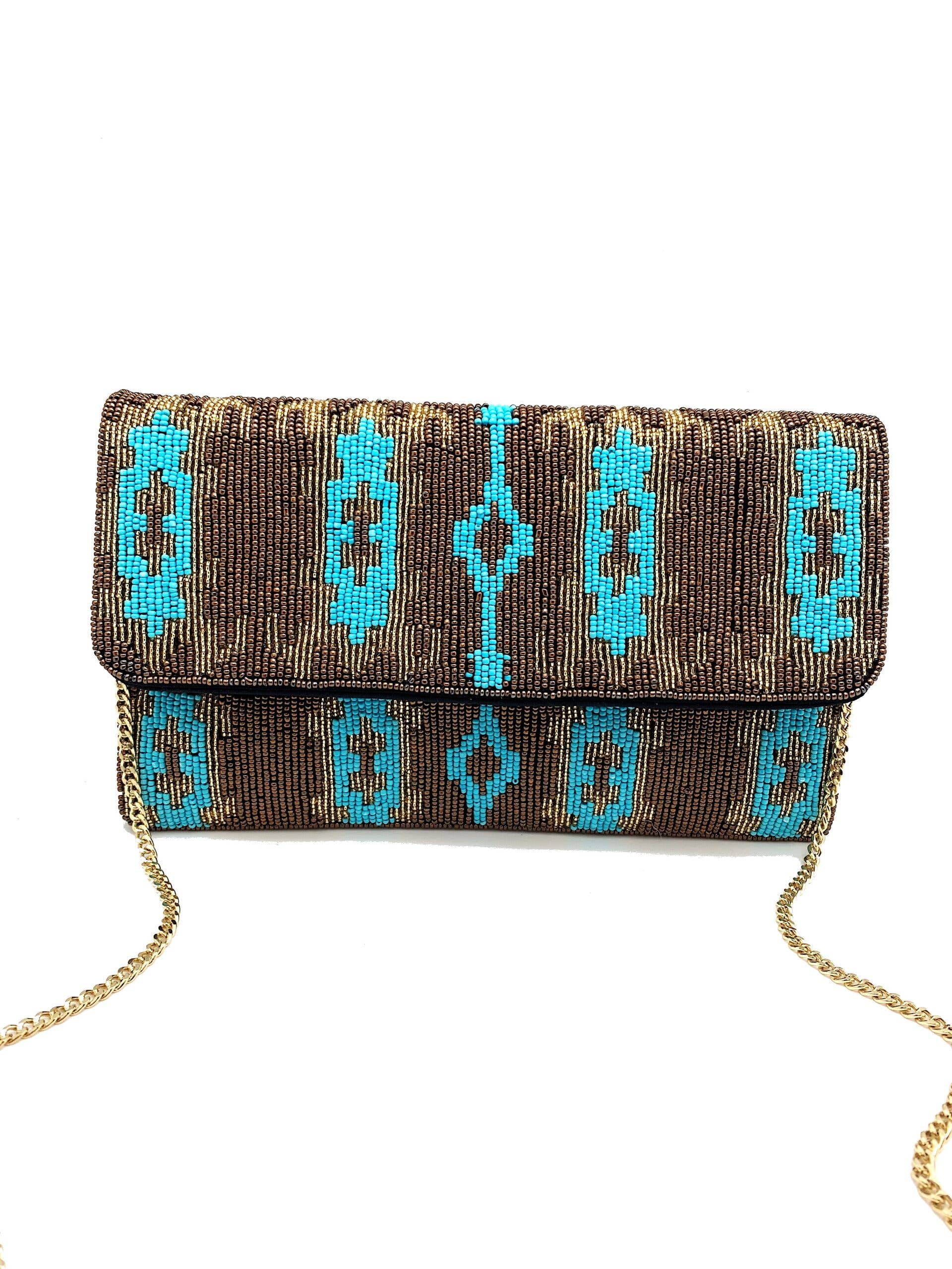 GOLD & TURQUOISE IKAT BEADED CLUTCH