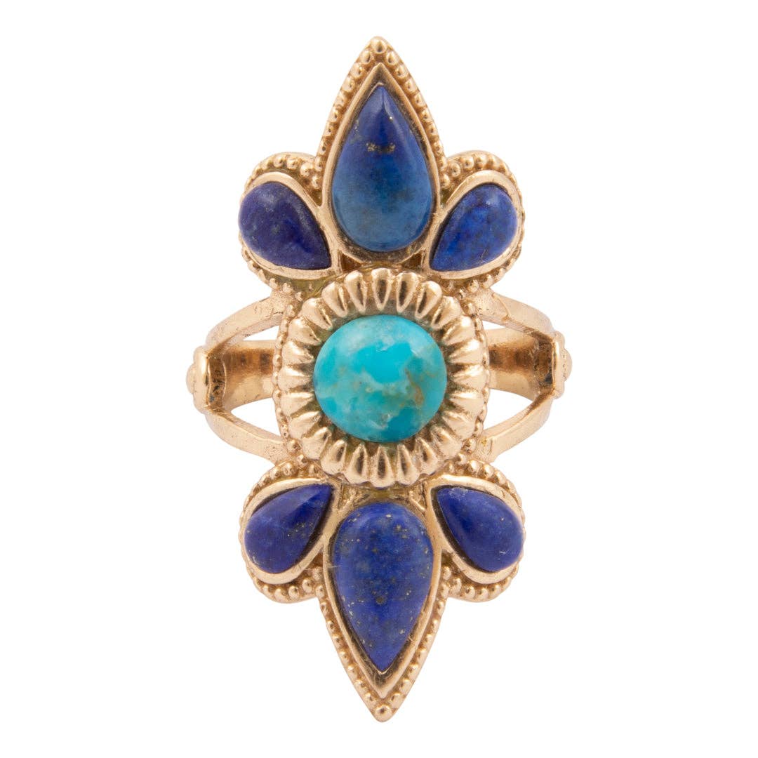 Blue Turquoise and Blue Lapis Sunburst Golden Statement Ring
