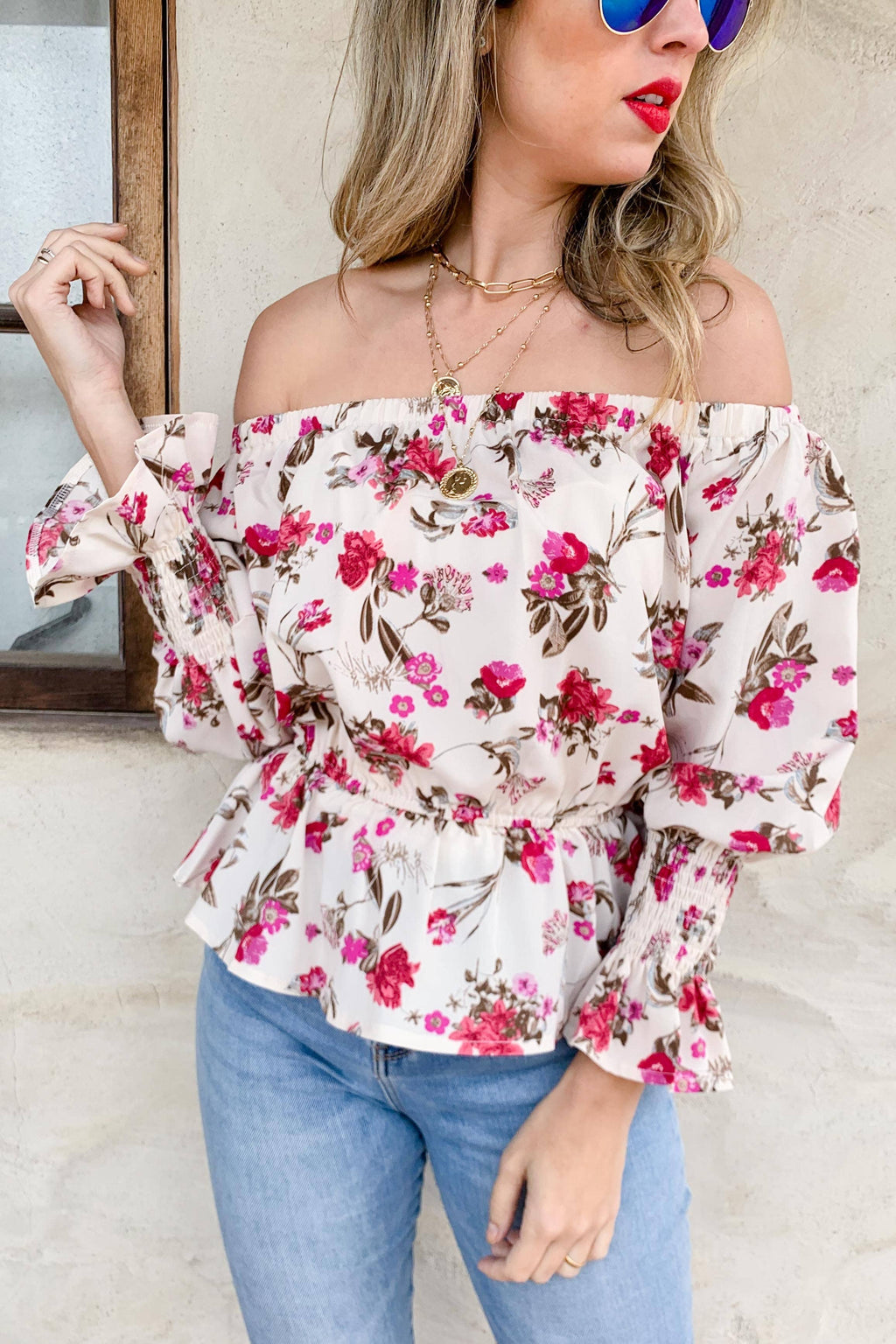 Floral Printed Smocking Detail Bell Sleeve Off Shoulder Top