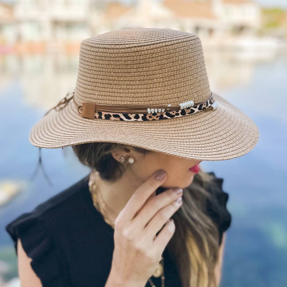 Tan Summer Straw Chic Boater Hat with Leopard Beaded Band