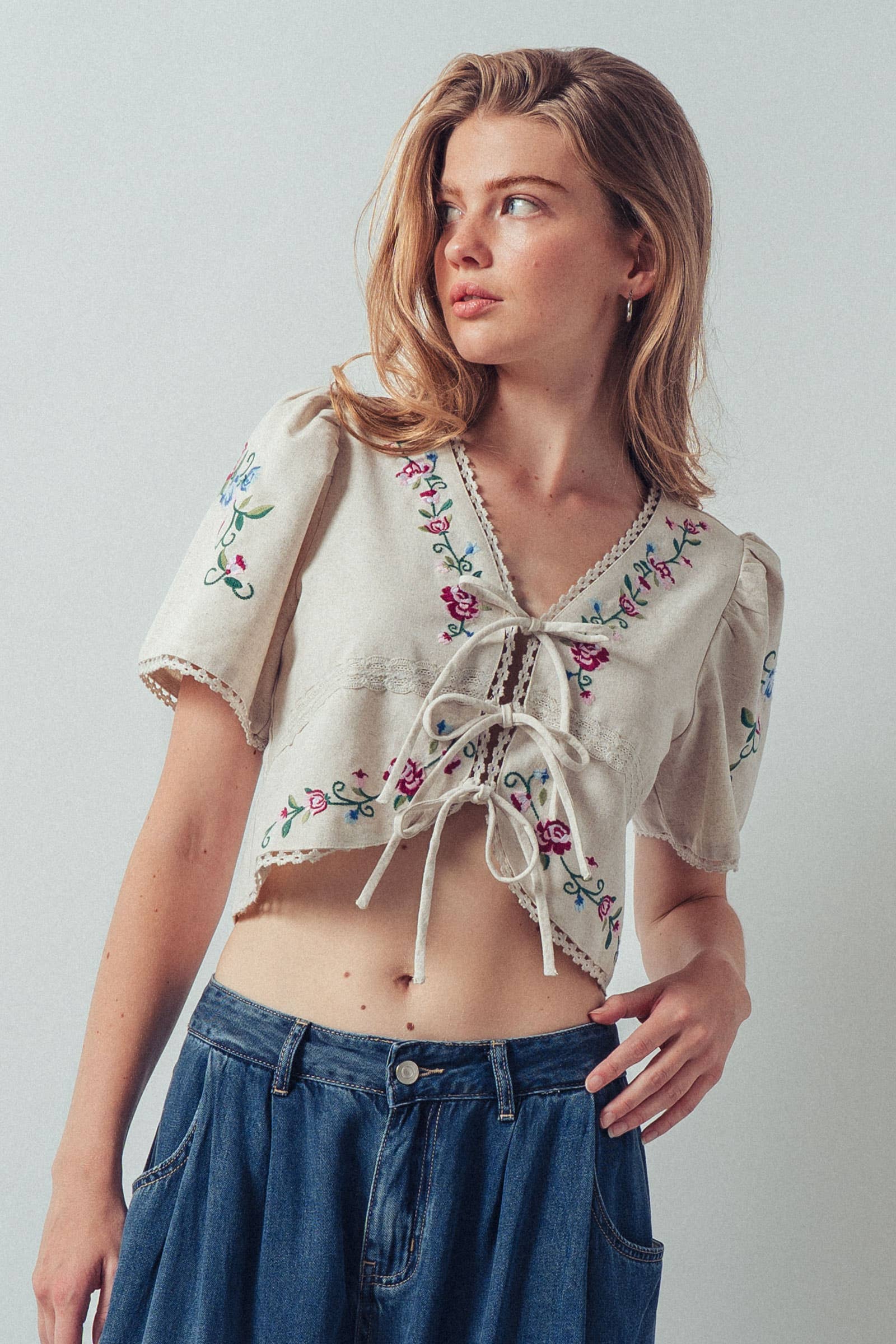 Embroidered Tie-Front Boho Crop Top