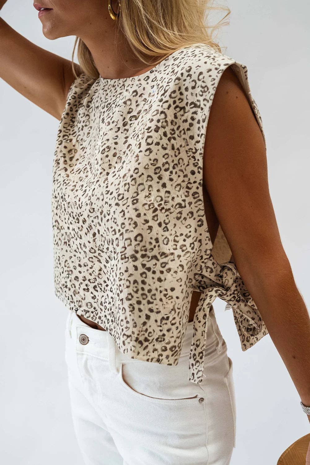 Apricot Leopard Print Knot Side Sleeveless Vest Top