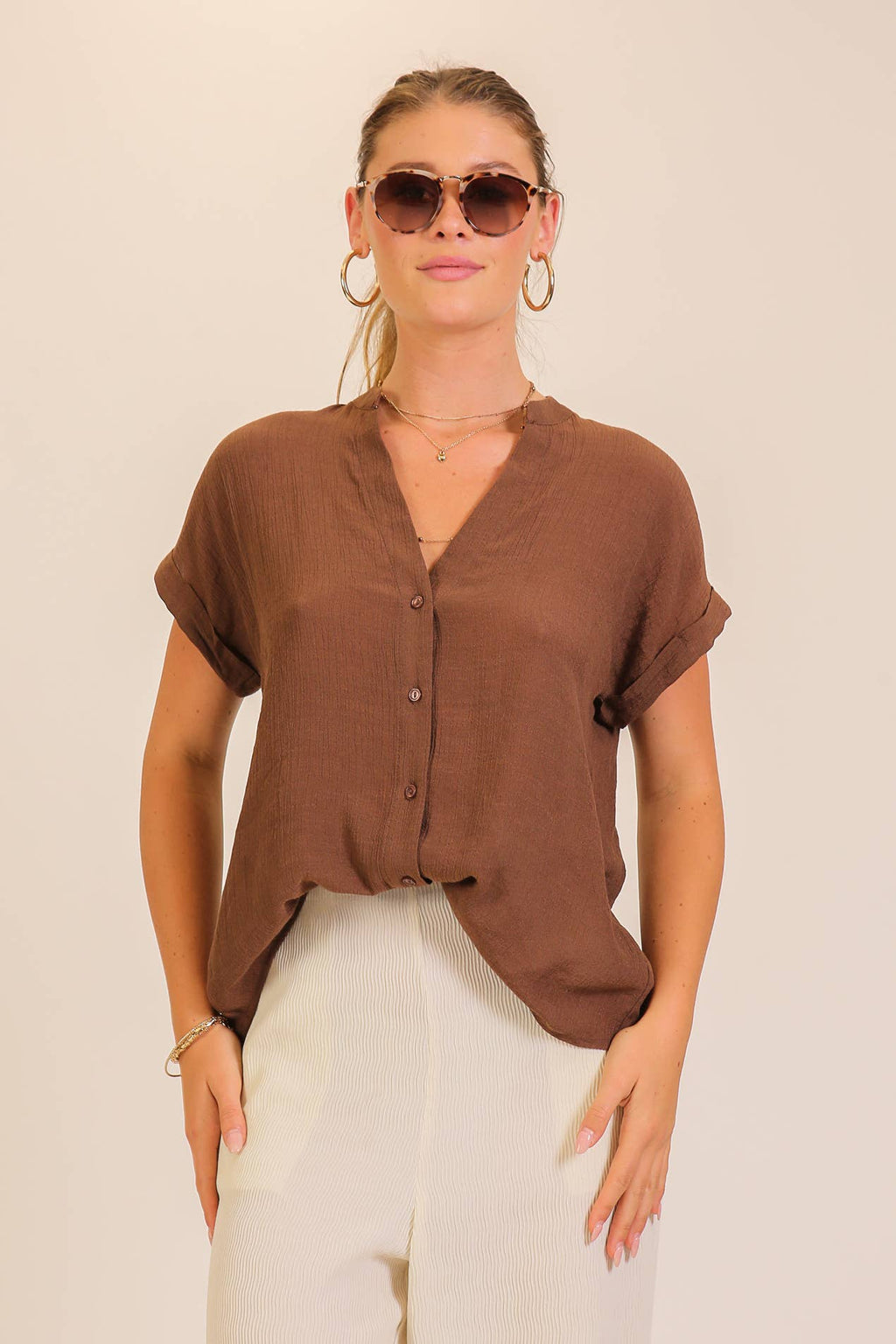 Textured Gauze Button-Front Blouse