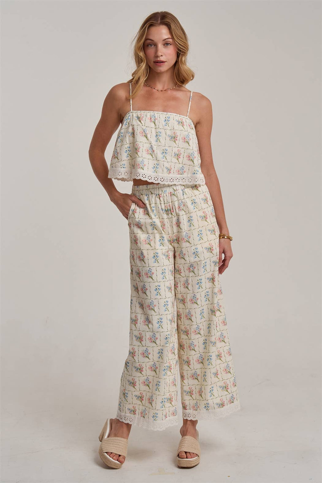 FLORAL CROPPED CAMI TOP AND WIDE LEG PANTS SUMMER SET